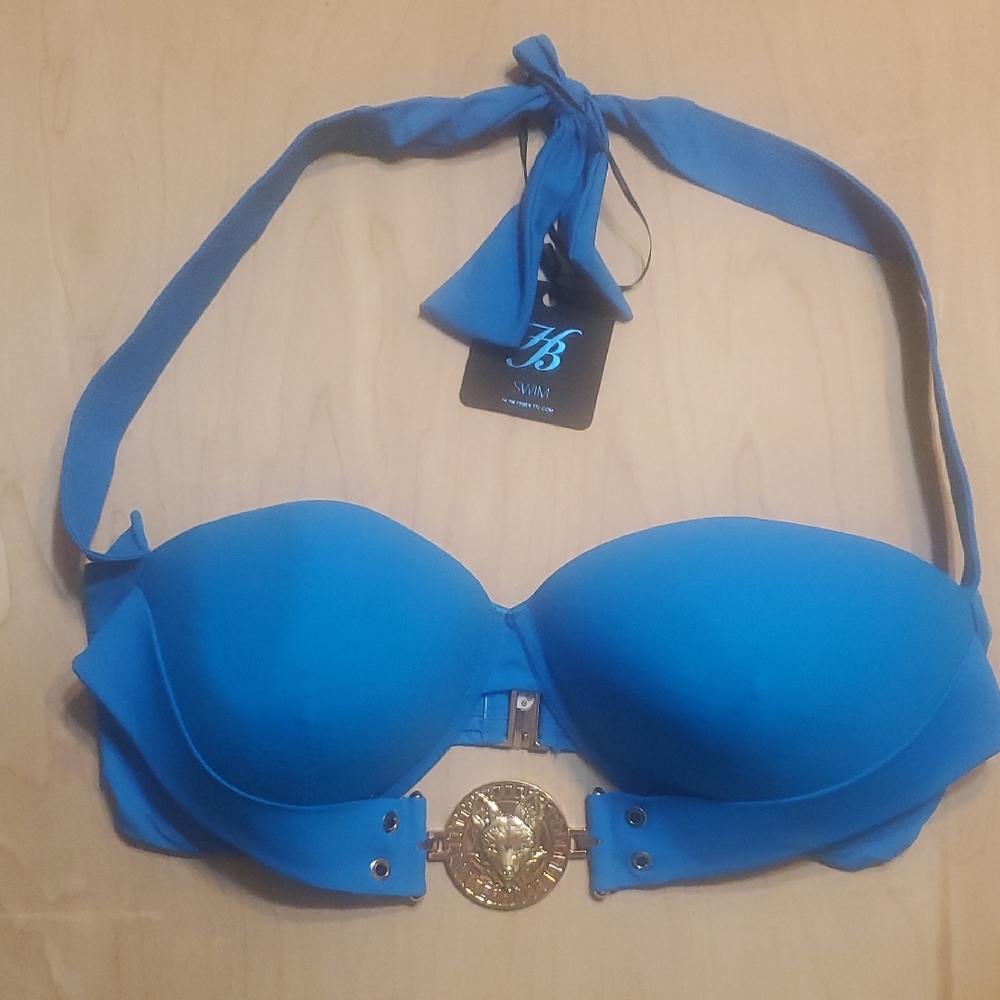 Honey Birdette Brooklyn  Blue Halter Bikini Top with Gold Medallion
